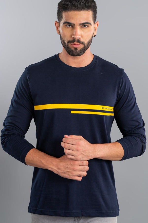 Classic Navy and Yellow Stripes - Full Sleeve TShirt - Stain Proof