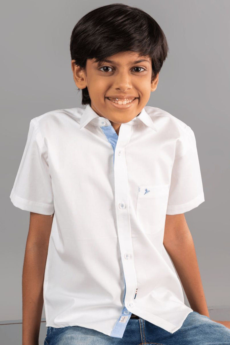 KIDS - White with Blue solid Half-sleeve Shirt