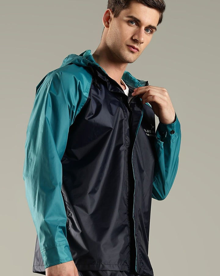 Navy Blue with Teal - Rain Jacket with Pant and Mobile Pouch