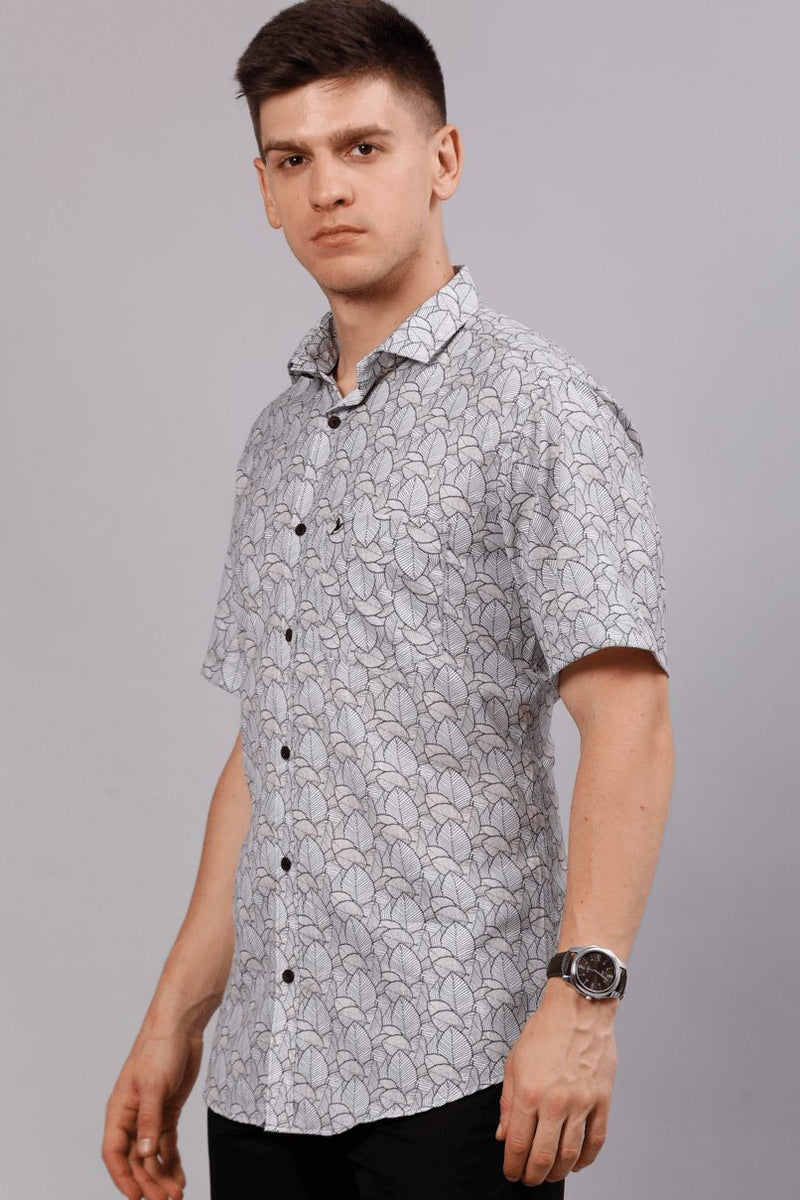 White Multi Leaf Print - Half Sleeve - Stain Proof