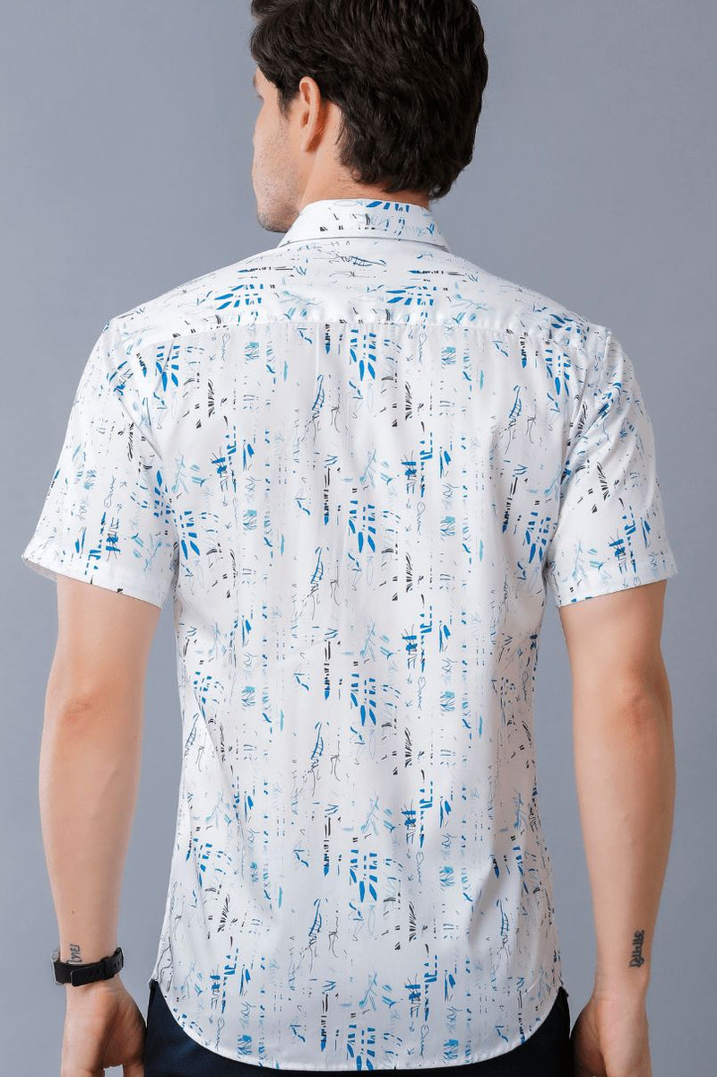 White & Blue Floral Print - Half Sleeve - Stain Proof