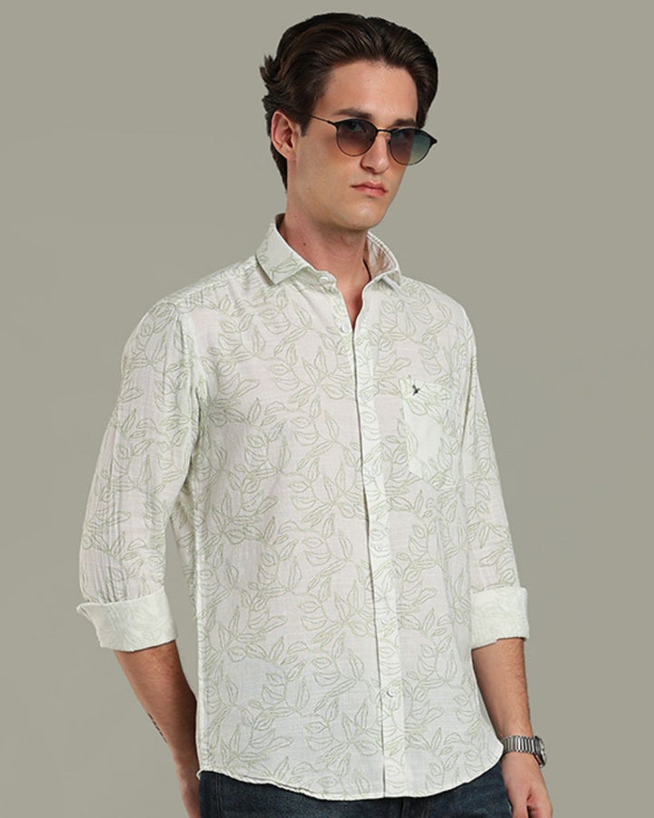 White & Green Leaf Print - Full-Stain Proof