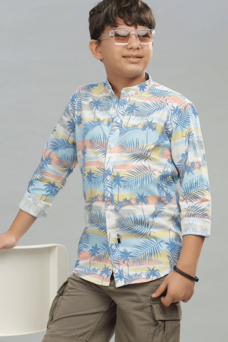 KIDS - Oceanic Blue Print-Chinese Collar-Stain Proof Shirt