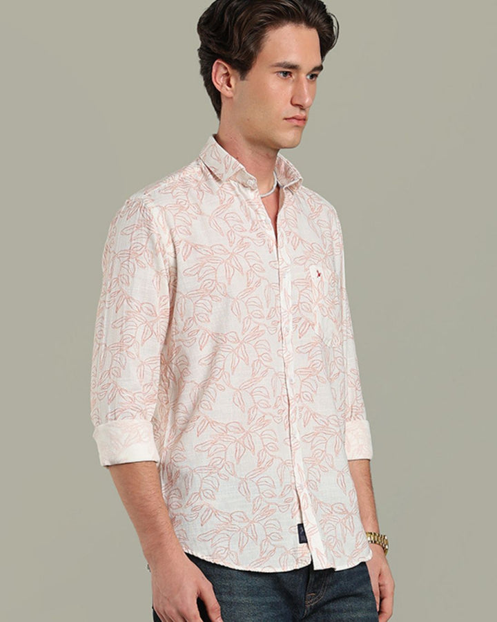 White & Red Leaf Print -Full-Stain Proof