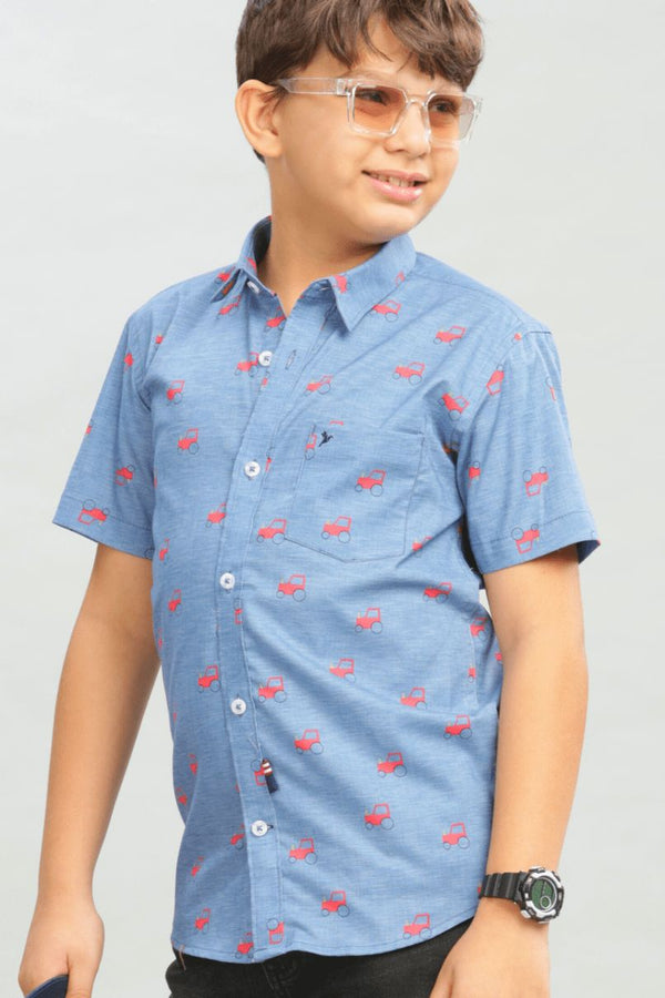 KIDS - Blue Tractor Print - Half-Stain Proof Shirt