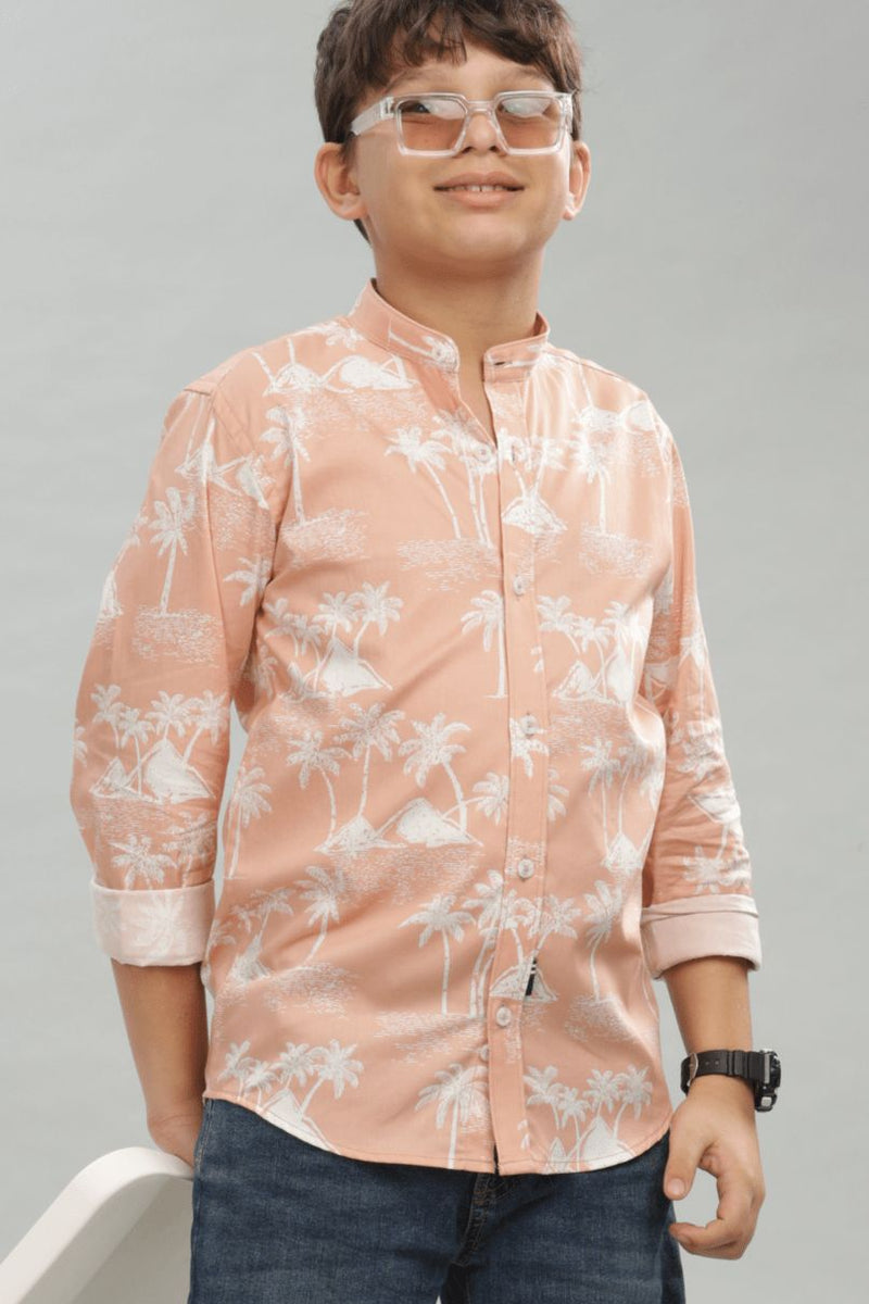 KIDS - Peachy Palm Print-Chinese Collar-Stain Proof Shirt