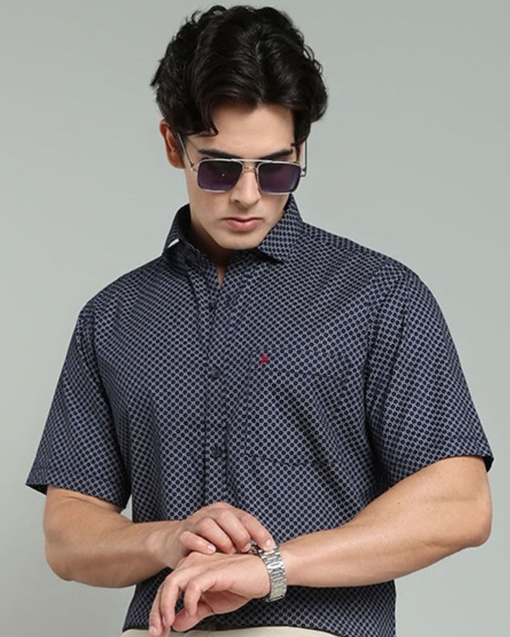 Navy Round Print -Half-Stain Proof