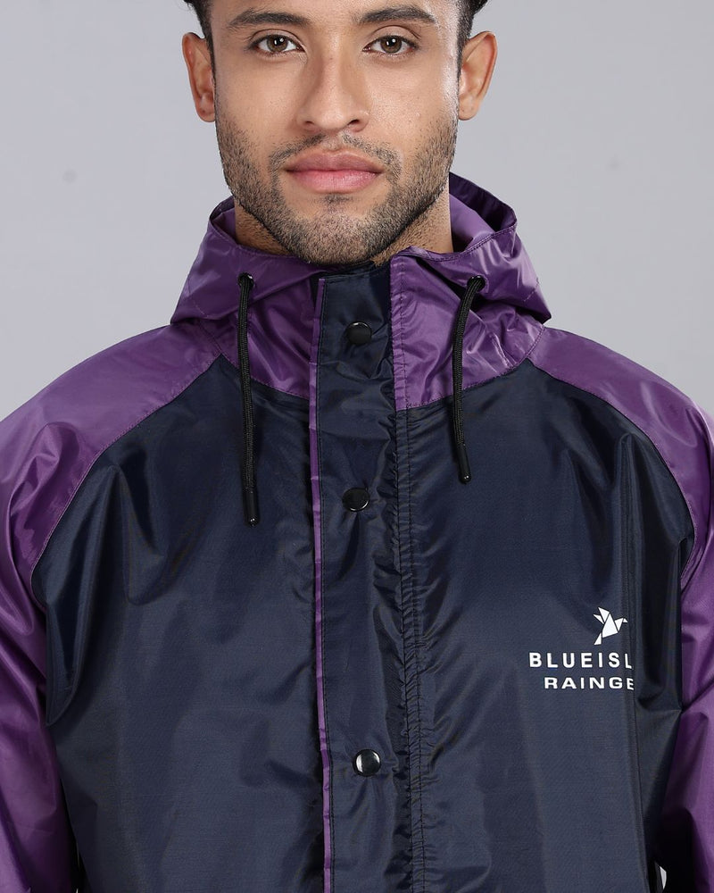 Navy Blue with Violet - Rain Jacket with Pant and Mobile Pouch