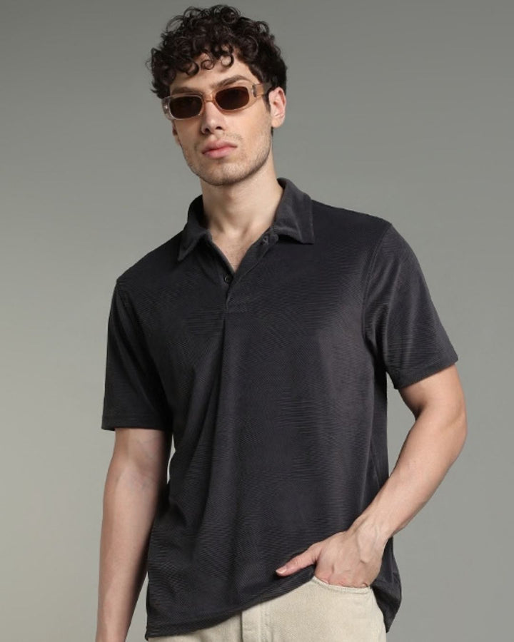 Iron Grey Geometric Textured - Polo Tshirt