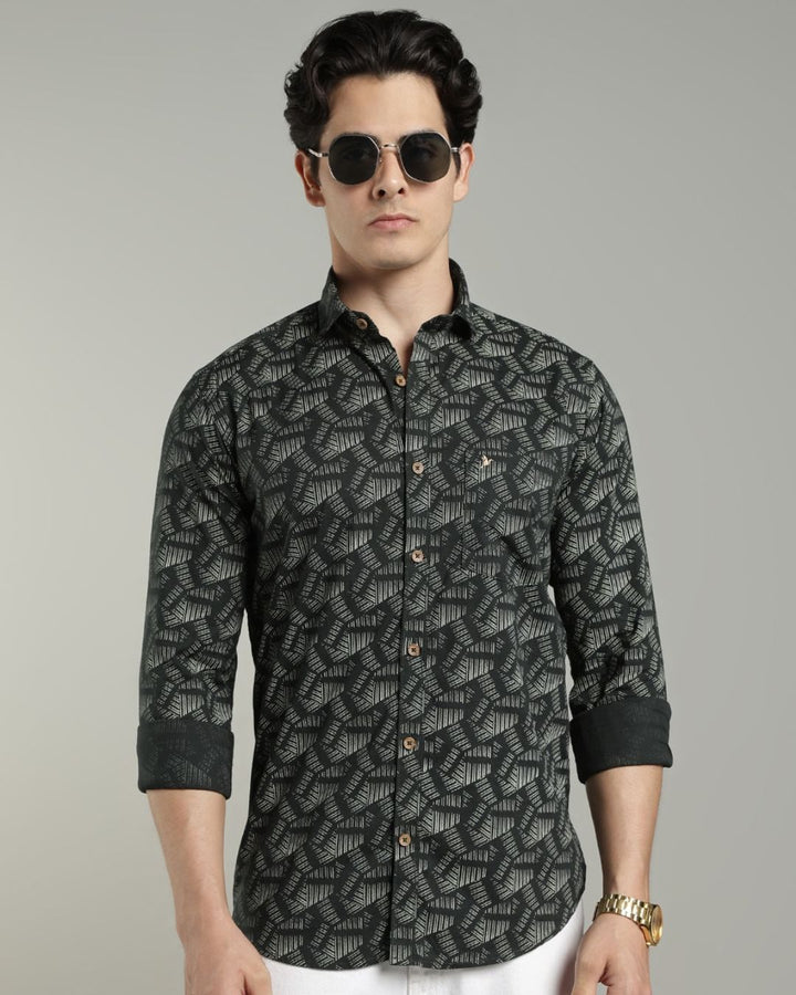 Dark Green Geometric Print-Full-Cotton Linen Shirt