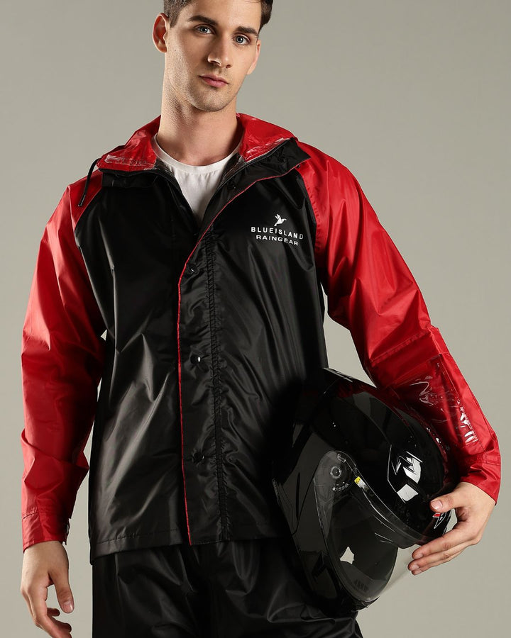 Black with Wine Red - Rain Jacket with Pant and Mobile Pouch