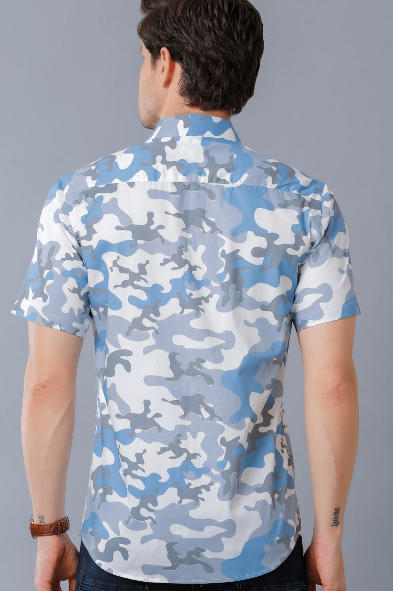 White & Blue Camouflage Print - Half Sleeve - Stain Proof