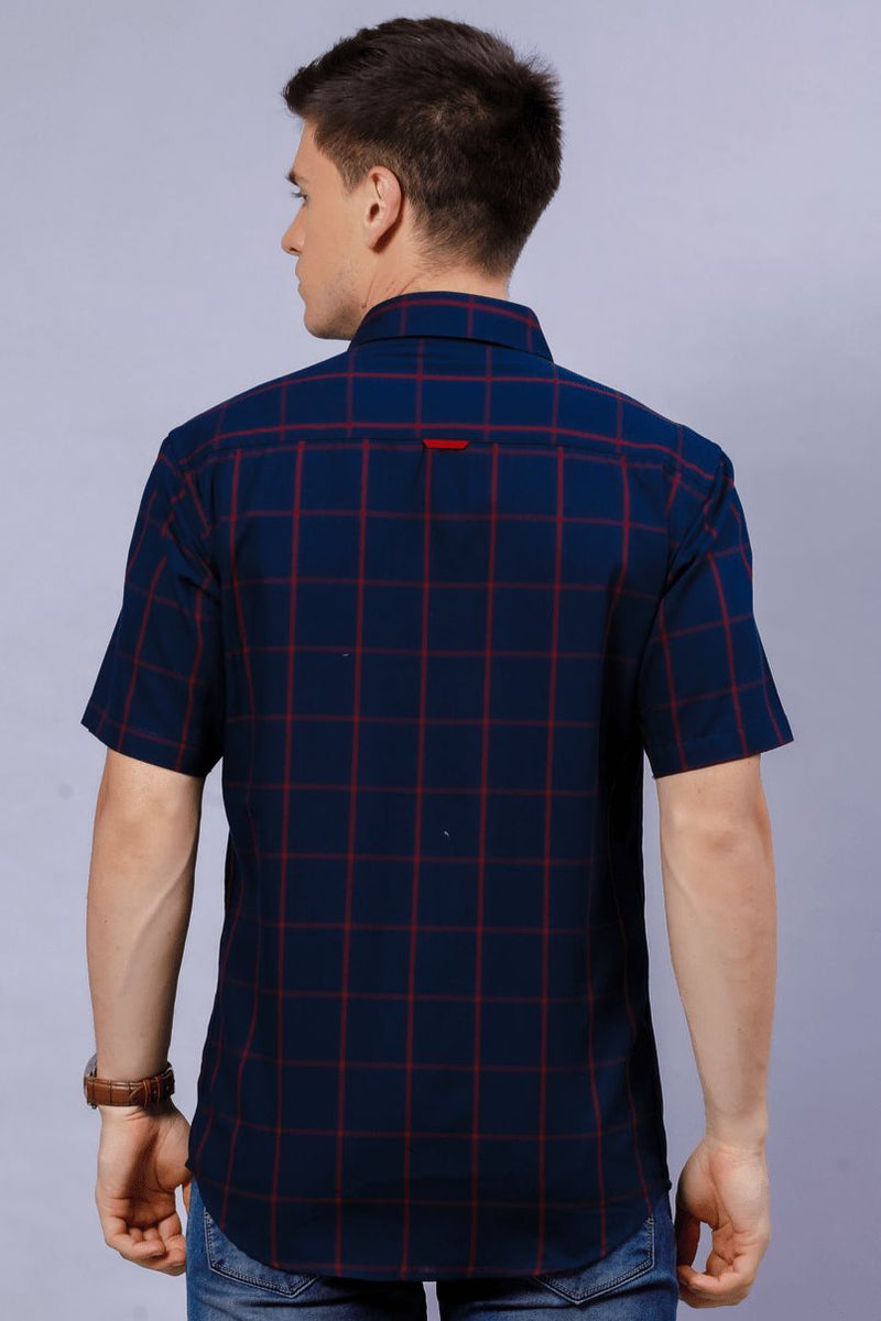 Red on Navy Checks - Half Sleeve - Stain Proof