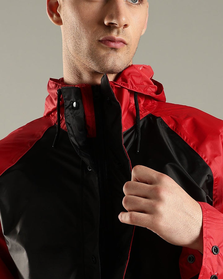 Black with Wine Red - Rain Jacket with Pant and Mobile Pouch