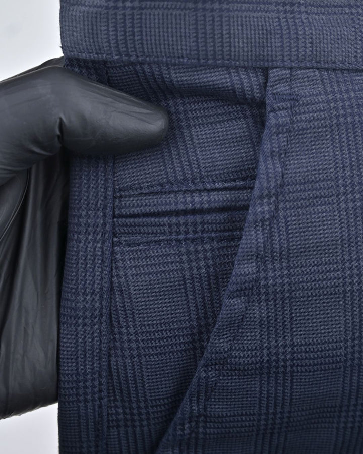 Navy Multi Line Checks - 2 way stretch - COTTON PANT