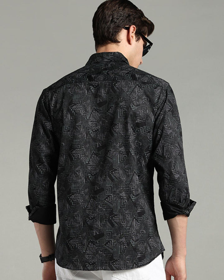 Black Tribal Print-Full-Cotton Linen Shirt