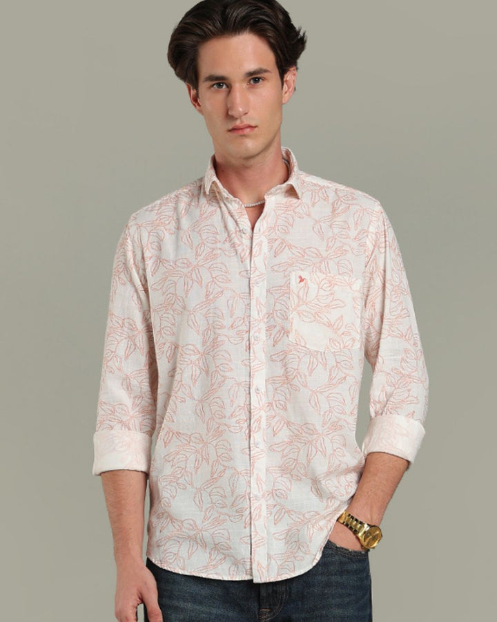 White & Red Leaf Print -Full-Stain Proof