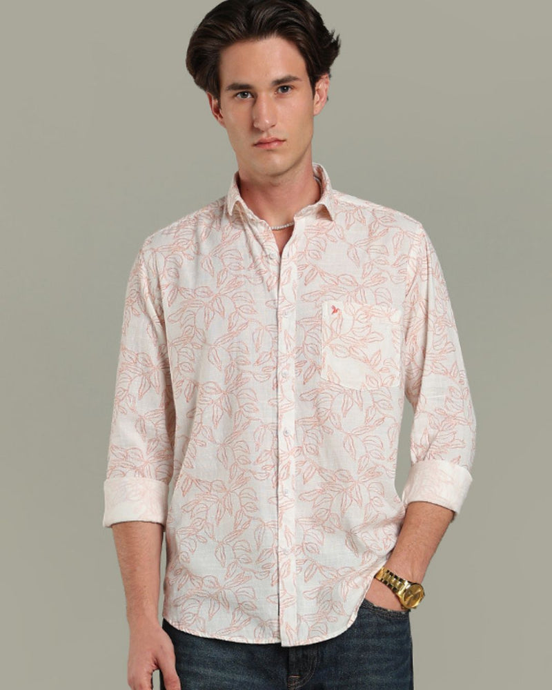 White & Red Leaf Print -Full-Stain Proof