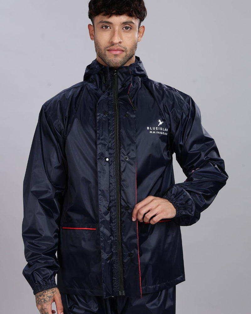 Navy with Red Border - Rain Jacket with Pant and Mobile Pouch