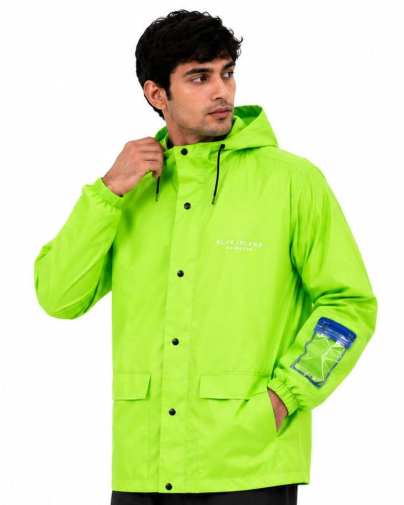 Neon Green - Rain Jacket with Black Pant and Mobile Pouch
