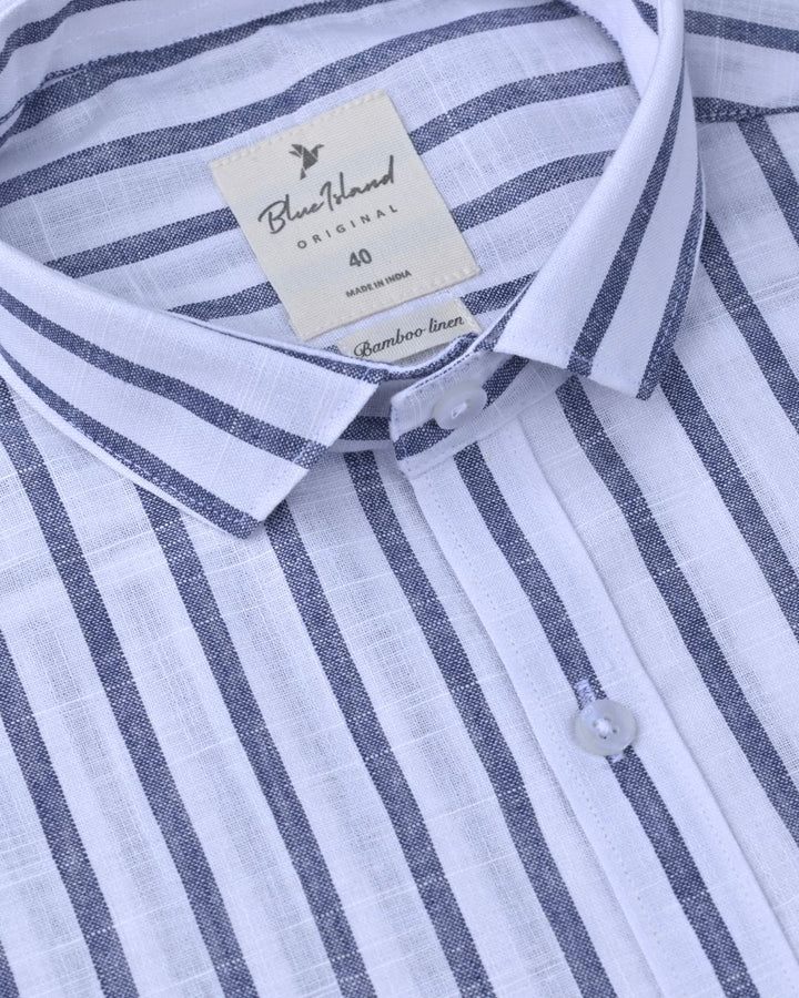 White & Denim Line Stripes -Full-Bamboo Linen