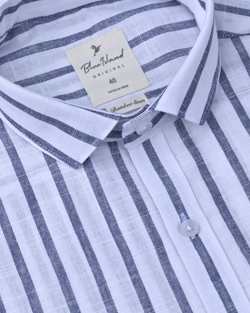 White & Denim Line Stripes -Full-Bamboo Linen