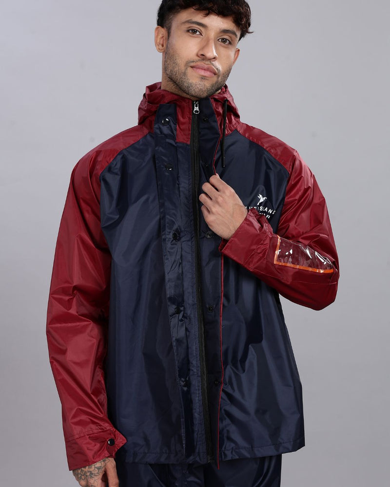 Navy Blue with Maroon - Rain Jacket with Pant and Mobile Pouch