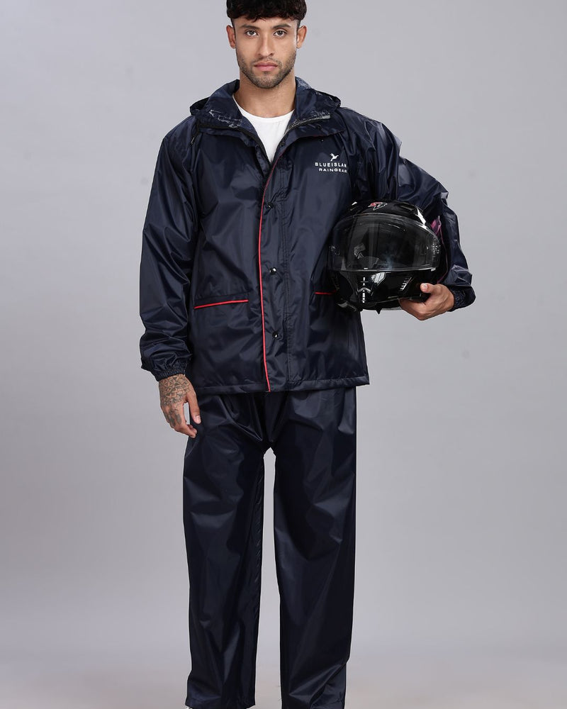 Navy with Red Border - Rain Jacket with Pant and Mobile Pouch