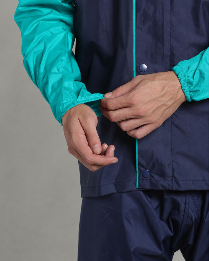 Navy with Teal Sleeve - Rain Jacket with Pant & Mobile Pouch