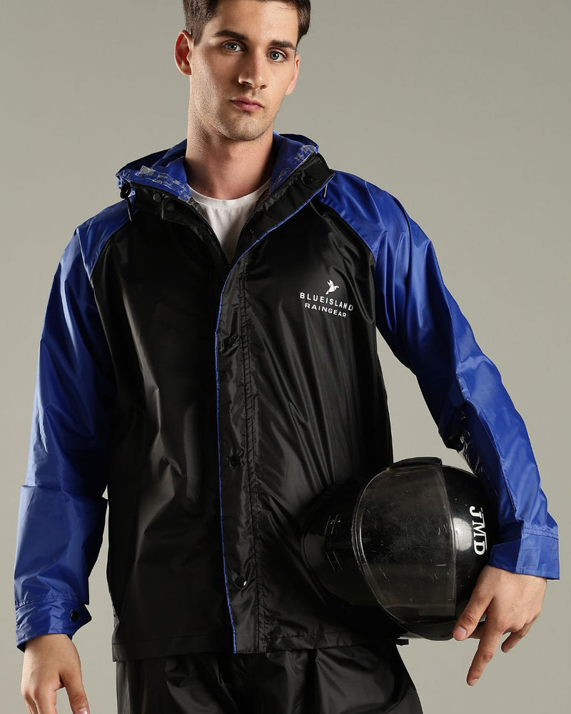 Black with Royal Blue - Rain Jacket with Mobile Pouch
