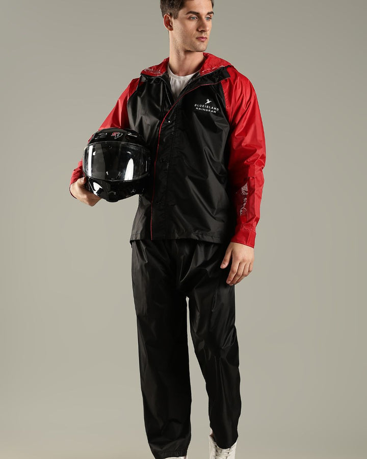 Black with Wine Red - Rain Jacket with Pant and Mobile Pouch