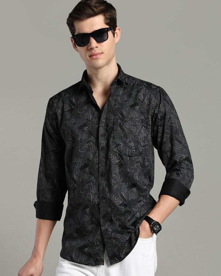 Black Tribal Print-Full-Cotton Linen Shirt