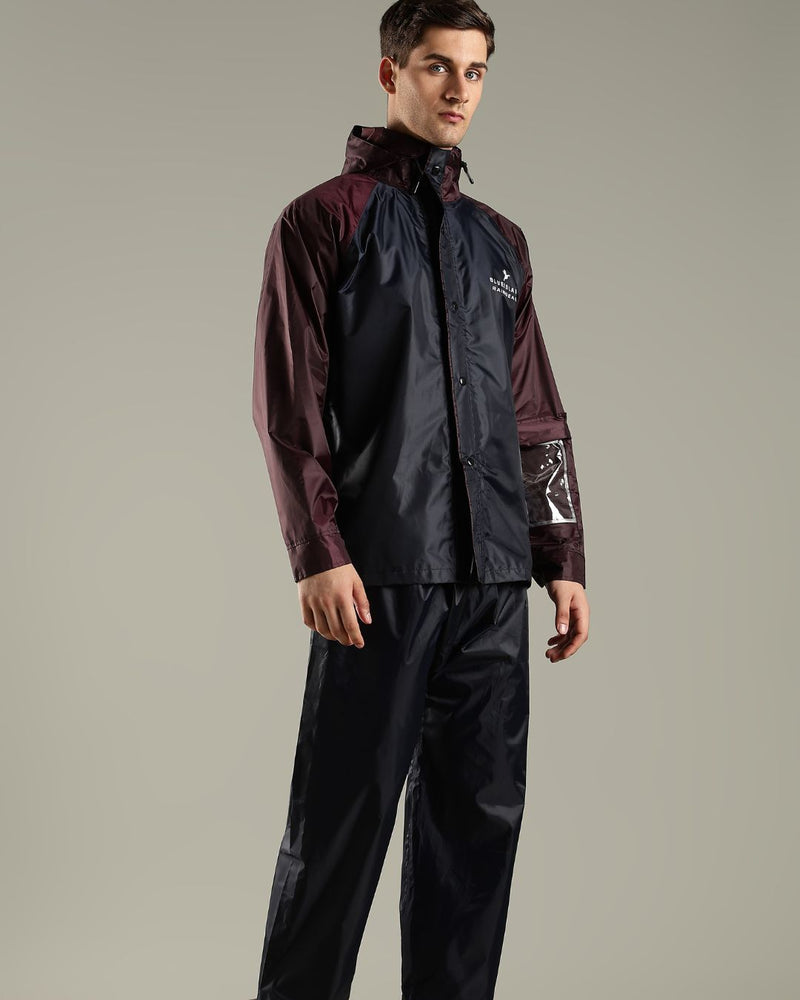 Navy with Burgundy - Rain Jacket with Mobile Pouch