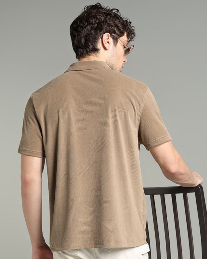 Tan Brown Geometric Textured - Polo Tshirt