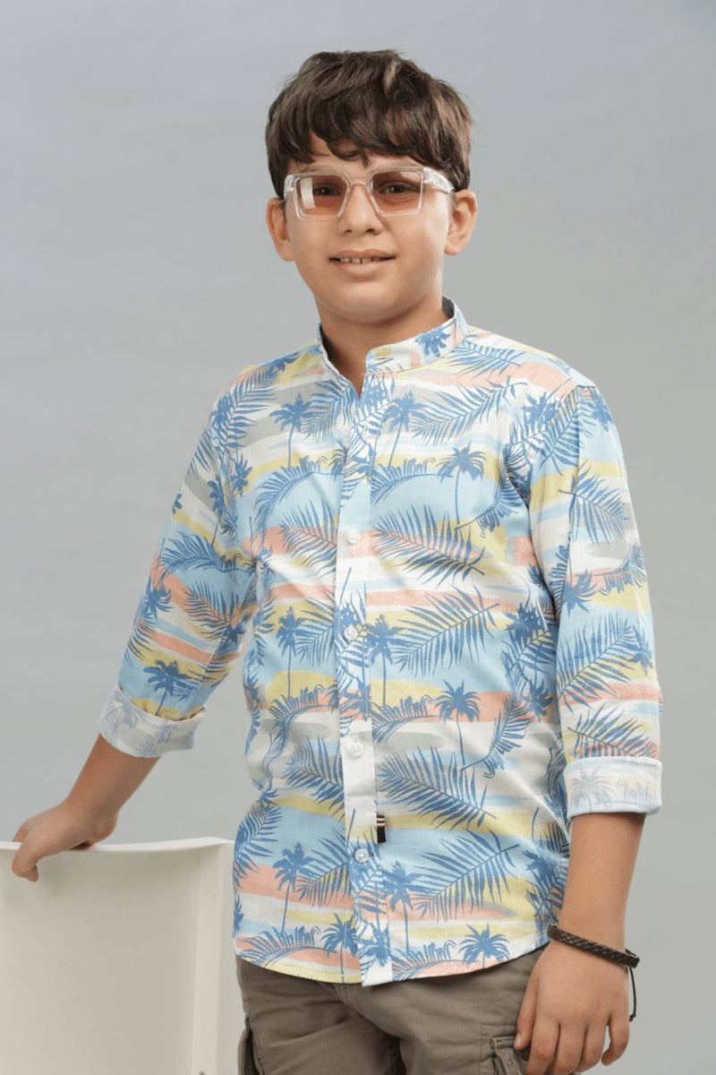 KIDS - Oceanic Blue Print-Chinese Collar-Stain Proof Shirt