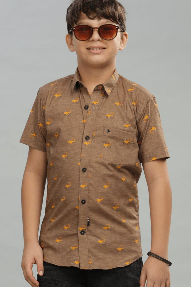 KIDS - Brown Tractor Print - Half-Stain Proof Shirt