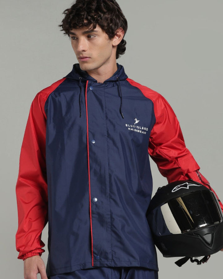 Navy with Red Sleeve - Rain Jacket with Pant & Mobile Pouch