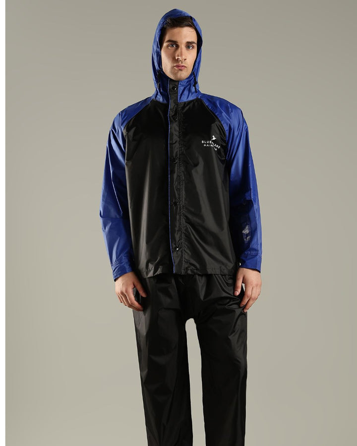 Black with Royal Blue - Rain Jacket with Pant and Mobile Pouch