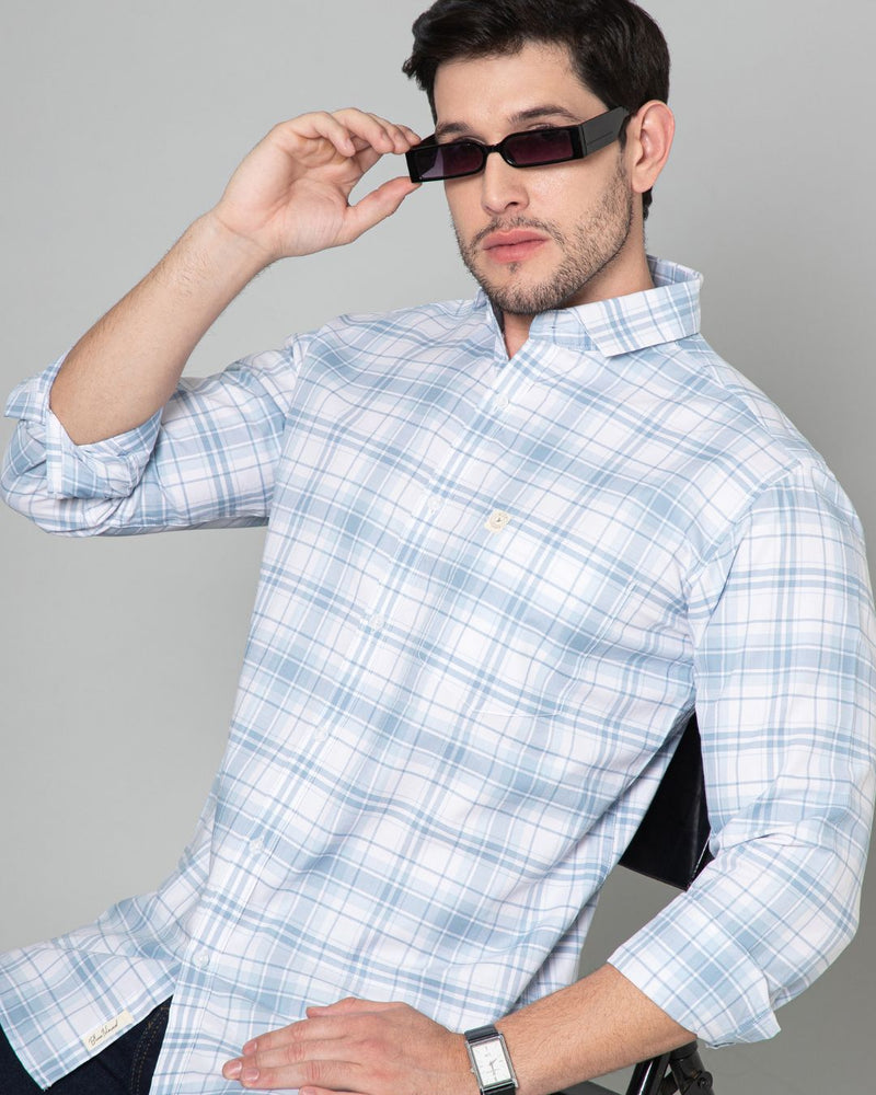 White & Bluish Grey Checks - Full-Stain Proof