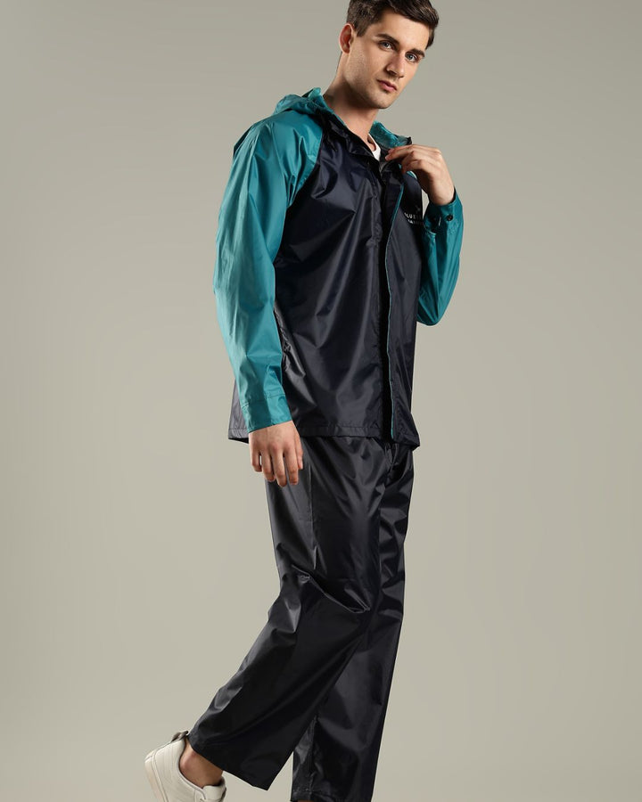 Navy Blue with Teal - Rain Jacket with Pant and Mobile Pouch