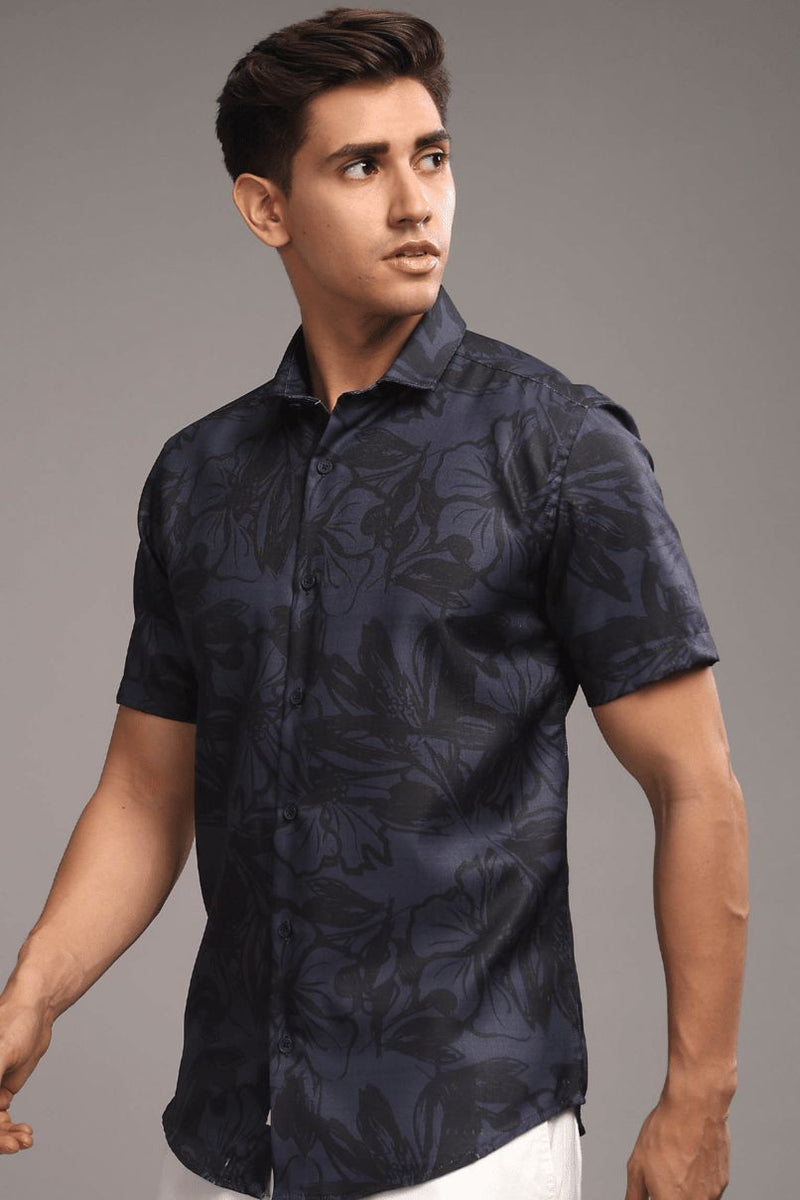 Blue & Black Floral Printed Shirt -Half- Wrinkle Free
