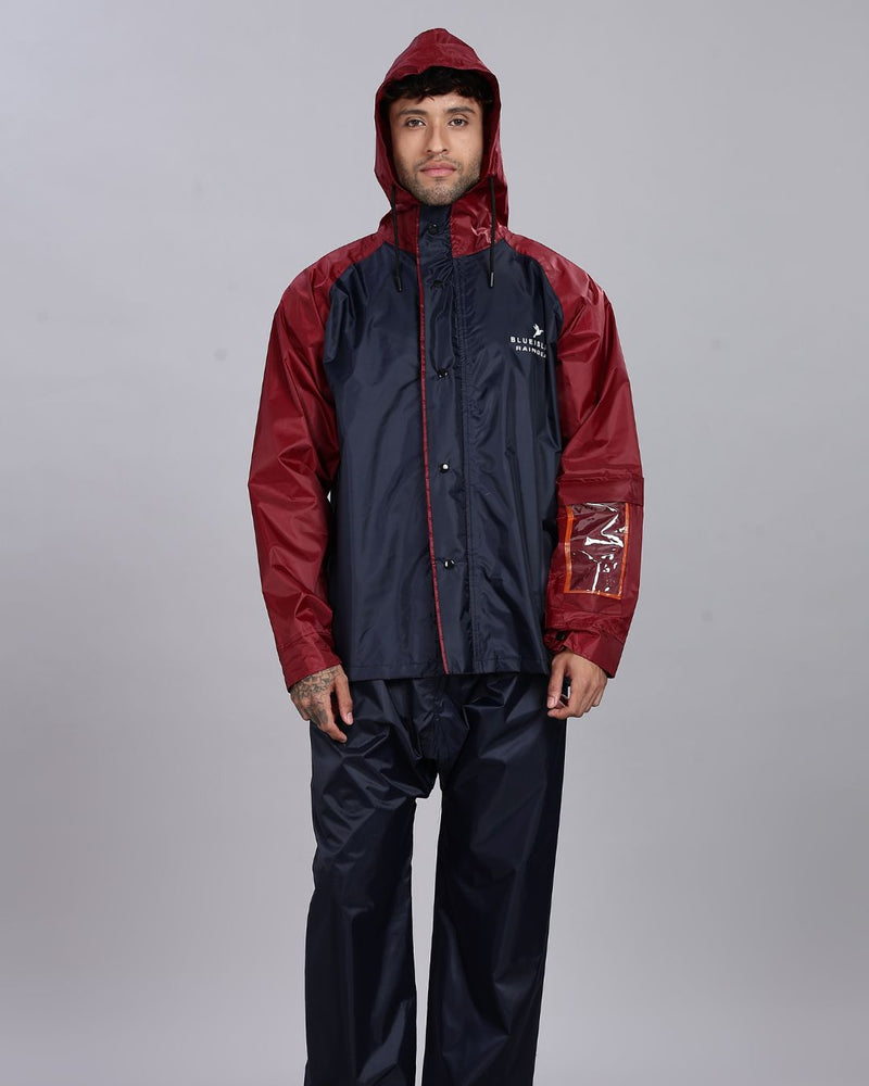 Navy Blue with Maroon - Rain Jacket with Pant and Mobile Pouch