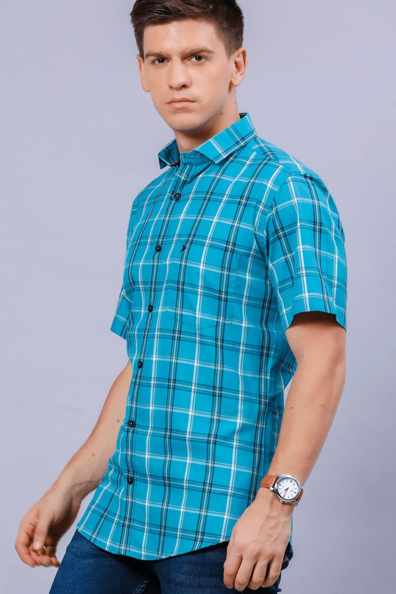 Turquoise Blue Checks - Half Sleeve - Stain Proof