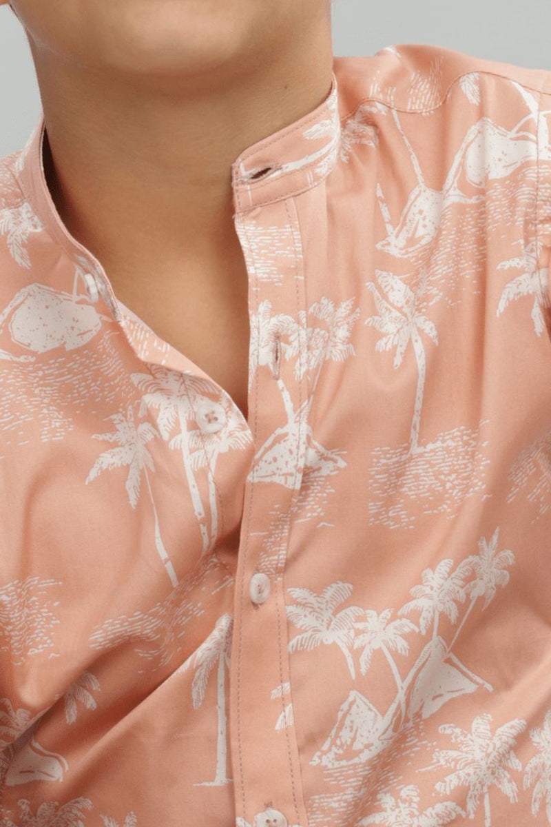 KIDS - Peachy Palm Print-Chinese Collar-Stain Proof Shirt