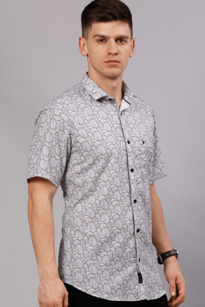 White Multi Leaf Print - Half Sleeve - Stain Proof