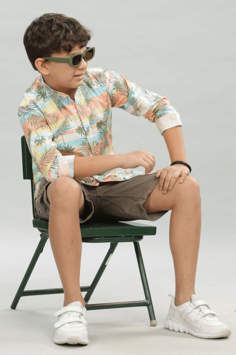 KIDS - Tropical Sunset Print-Chinese Collar-Stain Proof Shirt