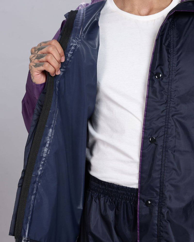 Navy Blue with Violet - Rain Jacket with Pant and Mobile Pouch