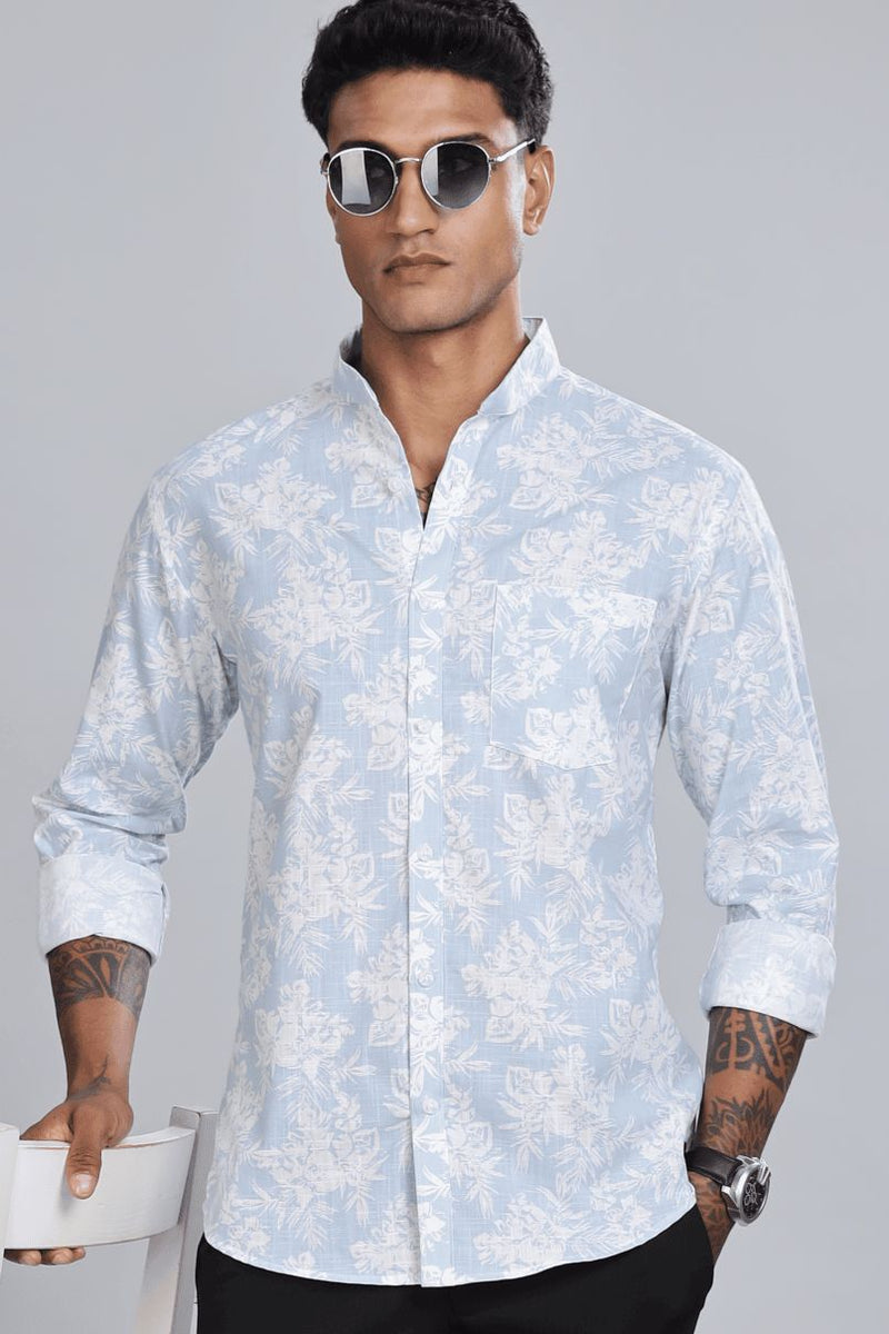 Cool Blue Floral Print Chinese Collar -Full-Stain Proof