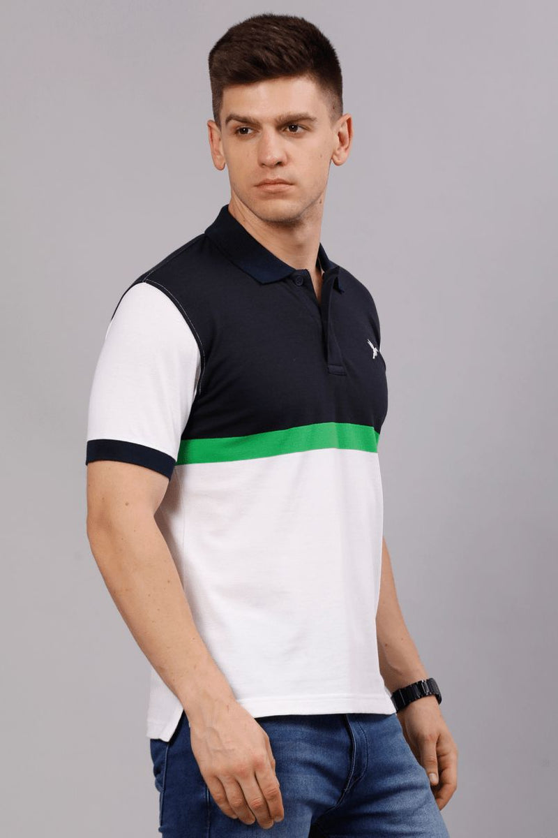 White with Navy & Green Stripes TShirt - Stain Proof