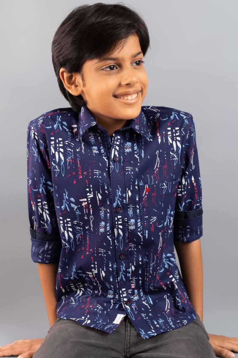 KIDS - Navy and White Floral Print-Stain Proof Shirt